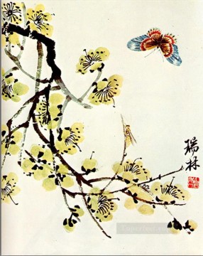 Qi Baishi butterfly and flowering plu traditional China Oil Paintings